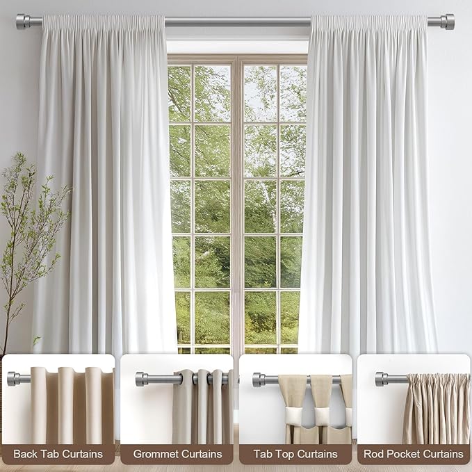 Lootkell 2 Pack Modern Silver Curtain Rods Set for Windows 28 to 48 Inches Adjustable Length Heavy Duty 1" Diameter Window Curtain Rod with Decorative Finials for Outdoor Bedroom Kitchen Living Room