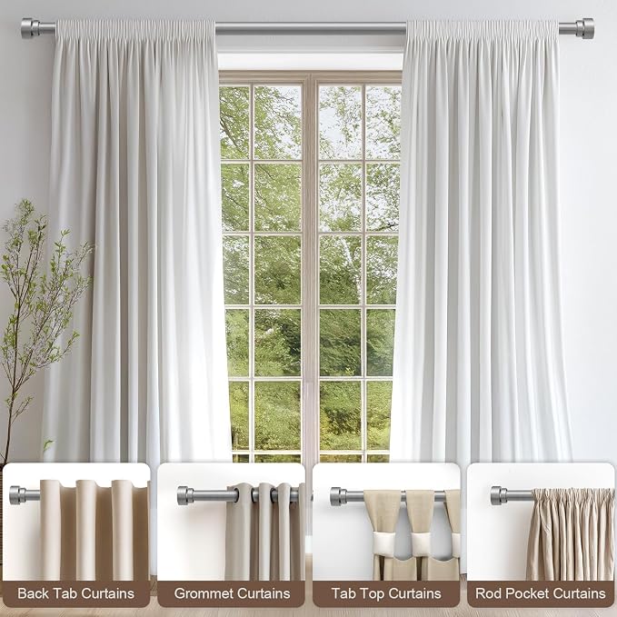 Lootkell Modern Silver Curtain Rods for Windows 48 to 84 Inches Adjustable Length Heavy Duty 1" Diameter Window Curtain Rod with Decorative Finials for Outdoor Bedroom Kitchen Living Room