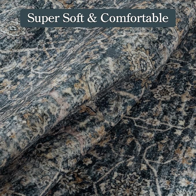 Collive Large Area Rug for Living Room 9x12, Washable Area Rug 9x12 Non Slip Vintage Distressed Bedroom Carpet Ultra-Thin Low Pile Aesthetic Print Floor Rug for Dining Guest Office - Blue/Grey