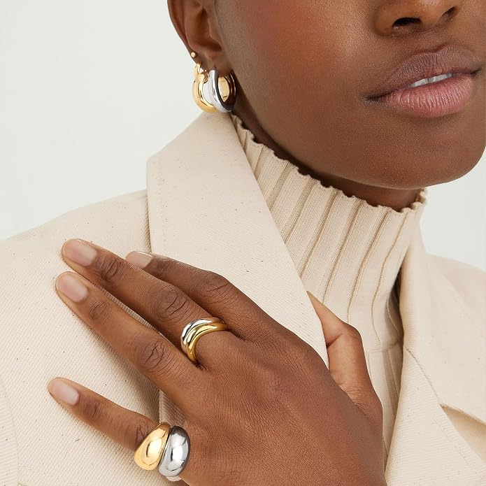 NOKMIT Chunky Wavy Dome Rings for Women, 14K Gold Filled Thick Curved Band | Statement Bold Wave Band | Stackable Thumb Ring | Hypoallergenic & Non-tarnish | Comfort Fit Size 6-10