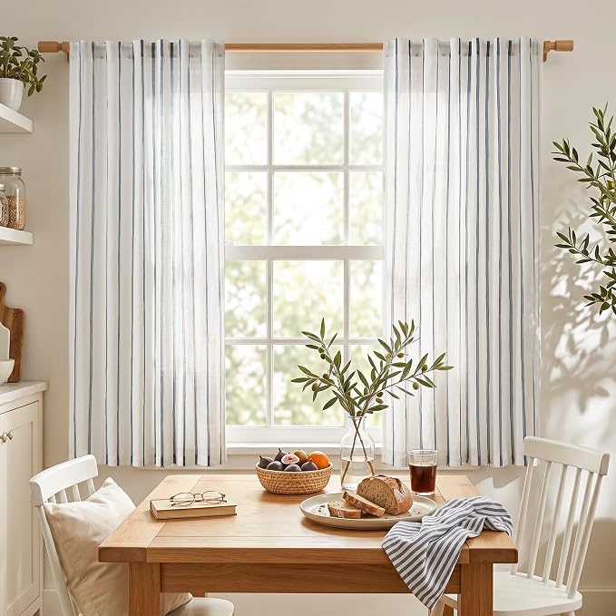 Vangao Striped Curtains Blue on White Semi Sheer Curtains 63 Inches Long for Bedroom Living Room Modern Farmhouse Linen Textured Light Filtering Drapes 2 Panels Blue W50 x L63 Inch