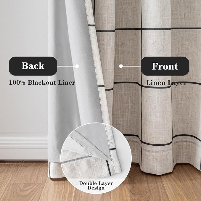 MYSKY HOME 100% Blackout Plaid Farmhouse Linen Curtains 108 Inch Long for Living Room Double Layer Windowpane Drapes Thermal Insulated Privacy Protection Rod Pocket Back Tab, 2 Panels, 52" W, Black