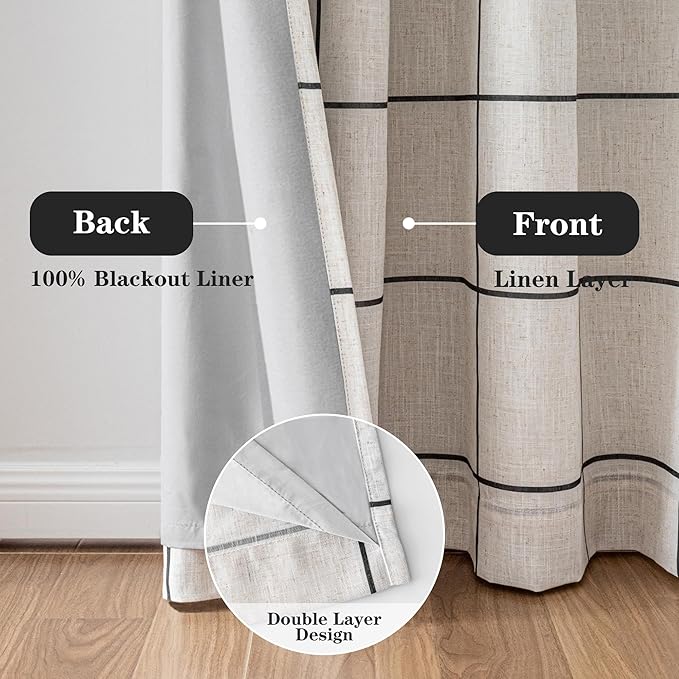 MYSKY HOME 100% Blackout Plaid Linen Curtains 72 Inches Long Double Layer Farmhouse Thermal Insulated Checkered Print Drapes with Rod Pocket Back Tab for Bedroom Living Room, 2 Panels, 52"Wide, Black