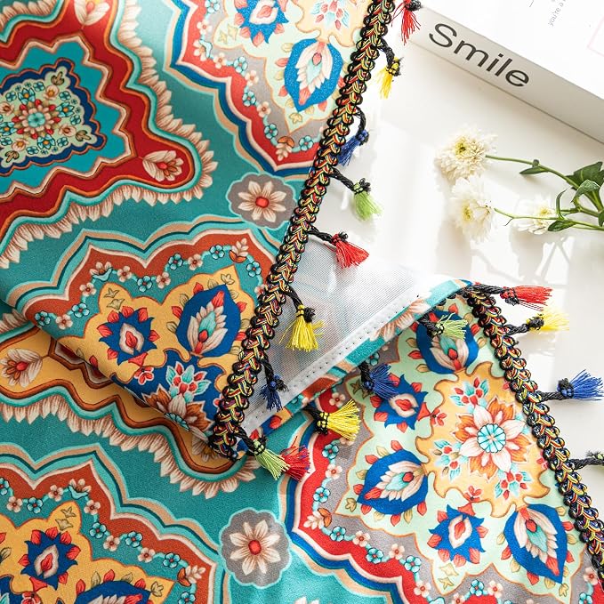 Turquoise Blue Boho Curtains 102 Inches Long, Colorful Medallion Farmhouse Light Filtering Rod Pocket Drapes with Tassel Trim for Bedroom Living Room, 2 Panels