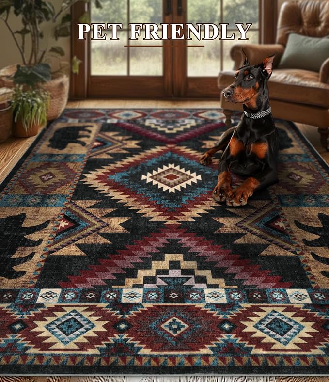 YIHOUSE Rustic Cabin Area Rug 10x14, Lodge Wildlife Bear Washable Large Area Rug, Southwestern Rustic Rugs for Living Room