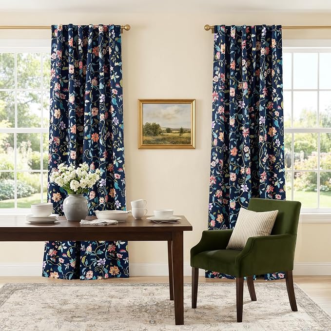 jinchan Dark Blue Floral Blackout Curtains 84 Inch Back Tab 2 Panels | Room darkening, light blocking, elegant vintage drapes, botanical floral print, bedroom, living room, window treatment