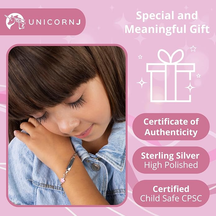UNICORNJ 925 Italy Sterling Silver Child or Baby Name Bracelet Girls Boys, Personalized Engraved Kids ID Bracelets, 6.5" Figaro Chain, Enamel Charm Newborn Infant Toddler Kid Jewelry