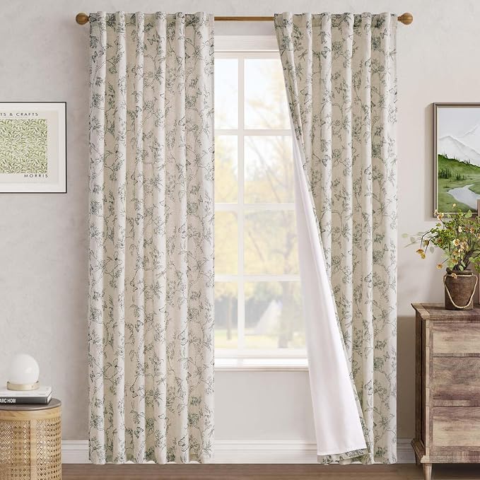 jinchan Grey Floral Linen Curtains Lined 84 Inch Vintage Back Tab 2 Panels | Privacy lining, light filtering drapes, cottagecore, french country, farmhouse, bedroom, living room, window treatment