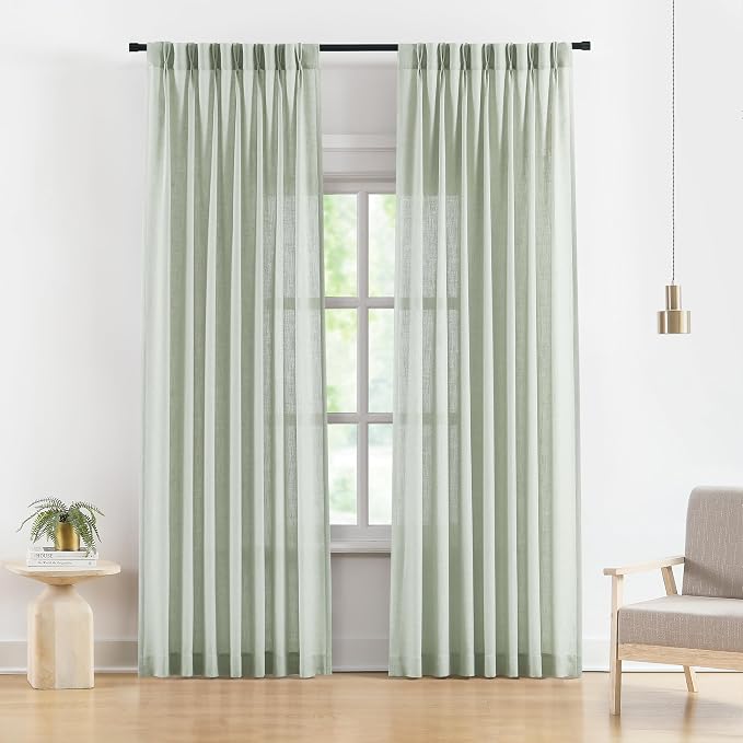 Vision Home Soft Green Pinch Pleated Semi Sheer Curtains Textured Linen Blended Light Filtering Window Curtains 95 inch for Living Room Bedroom Pinch Pleat Drapes with Hooks 2 Panels 40" Wx95 L