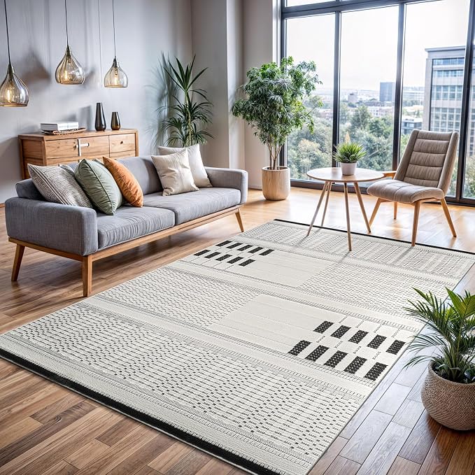 CAMILSON Modern Rug 4x6 Luxury Geometric Pattern Micro Loop Area Rugs Soft High and Low Pile Stain Resistant Easy to Clean Non-Shedding Durable Living Room Kitchen Indoor Carpet (White/Black)