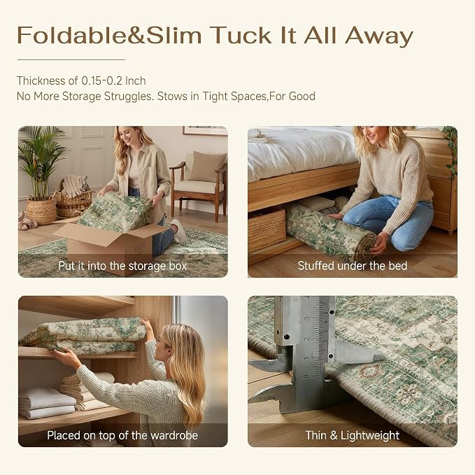 HUGEAR 5x7 Machine Washable Rug Green Area Rug Room Decor Vintage Distressed Living Room Rugs Non Slip Low Pile Soft Carpet for Bedroom Office Dining Room Soft Lightweight
