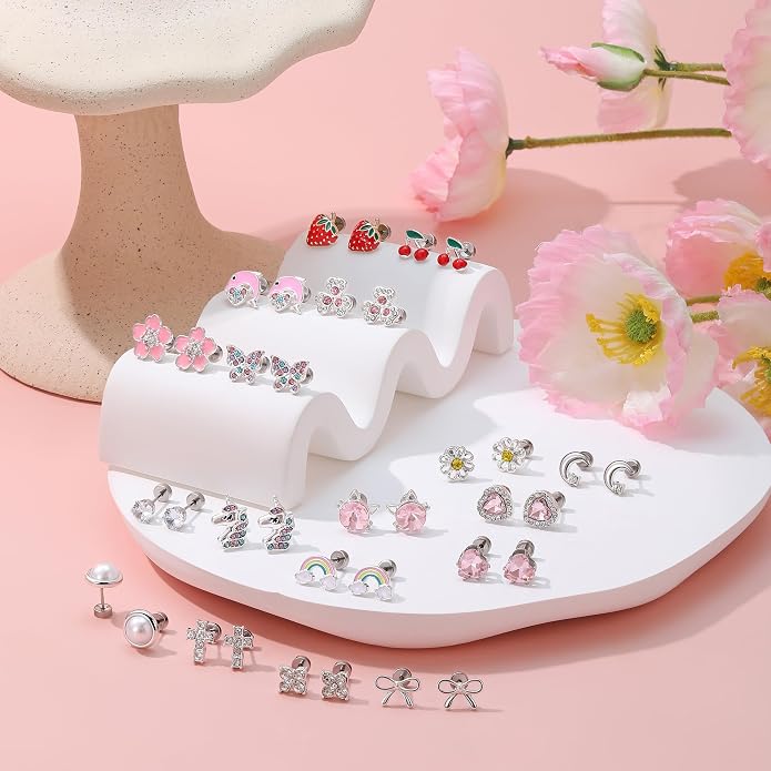 18 Pairs Hypoallergenic Screw Back Earrings for Girls Women Sensitive Ears Surgical Stainless Steel Butterfly Cherry Strawberry Rainbow Stud Flat Back Earrings for Kids Little Girl Teens Gift
