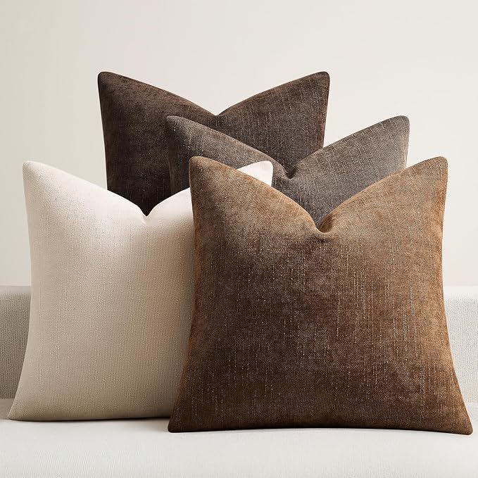 Pack of 4 Throw Pillow Covers 20x20 Inch Chenille Textured Neutral Brown Soft Pillow Covers Solid Decorative Farmhouse Cushion Covers Home Boho Western Decor for Couch Sofa Bed Living Room