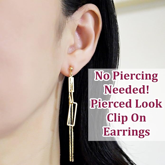 Comfortable Stick Invisible Clip On Earrings Gold Dangle Long Waved Threader Bar Clip-On Non Pierced Earrings Silver For Women,…
