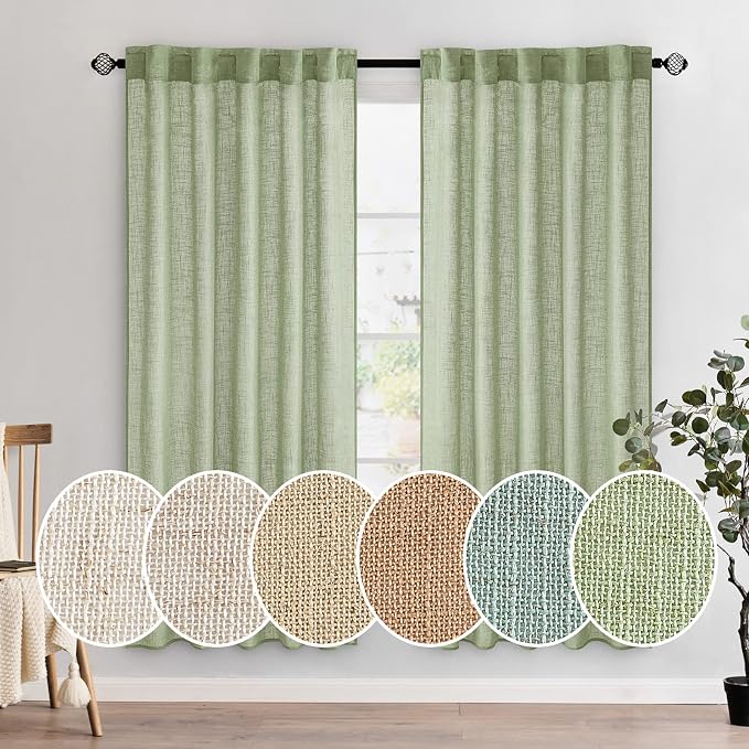 MIULEE Sage Green Linen Curtains 72 Inch Length 2 Panels for Bedroom Living Room, Soft Thick Linen Textured Window Drapes Semi Sheer Light Filtering Back Tab Rod Pocket Burlap Look Decor, W37xL72