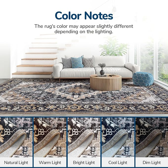 Lessymo 2 x 6 Runner Rug,Machine Washable Area Rugs Boho Faux Wool Low Pile Area Rug for Bedroom, Floral Medallion Vintage Rugs with Non-Slip Rubber,Black Brown