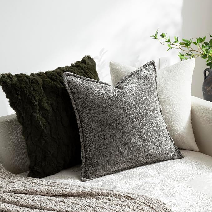 DEZENE Pack of 2 Grey Decorative Throw Pillow Covers 22x22 Cozy Soft Chenille Accent Vintage Square Couch Pillow Covers for Home Decor Bed Sofa Living Room