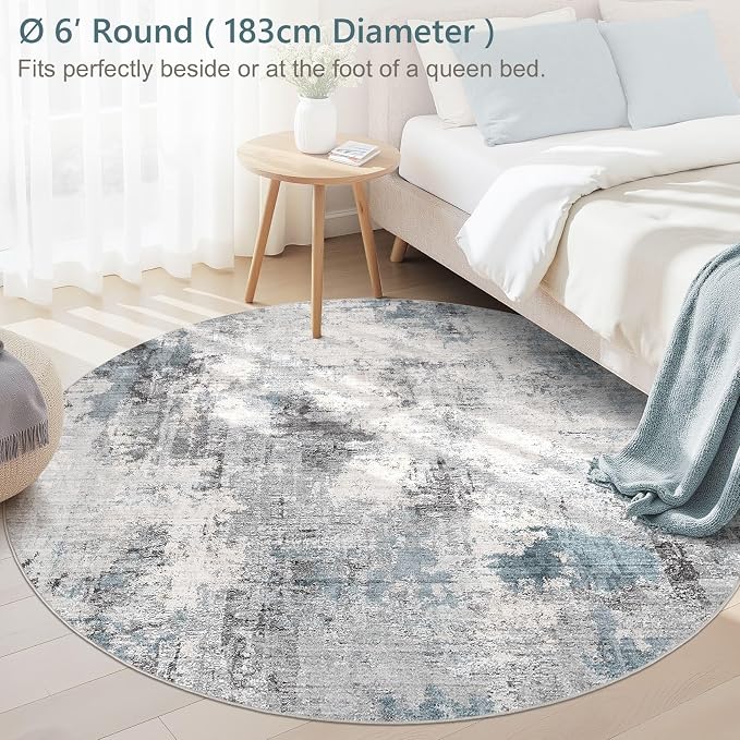 Abstract 6FT Round Rug: Machine Washable Non Slip Ultra Thin Low-Pile Carpet, Soft Stain Resistant for Living Room Bedroom Nursery, Kid Pet Friendly, Robot Vacuum Compatible - Grey Blue