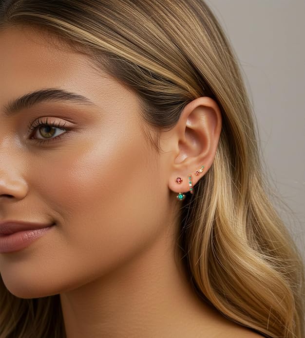 6 Pairs 14K Gold Plated Stud Earrings for Women, Hypoallergenic Cartilage Earrings for Multiple Piercing, Dainty Small Stackable Earrings Set for Jewelry Gift