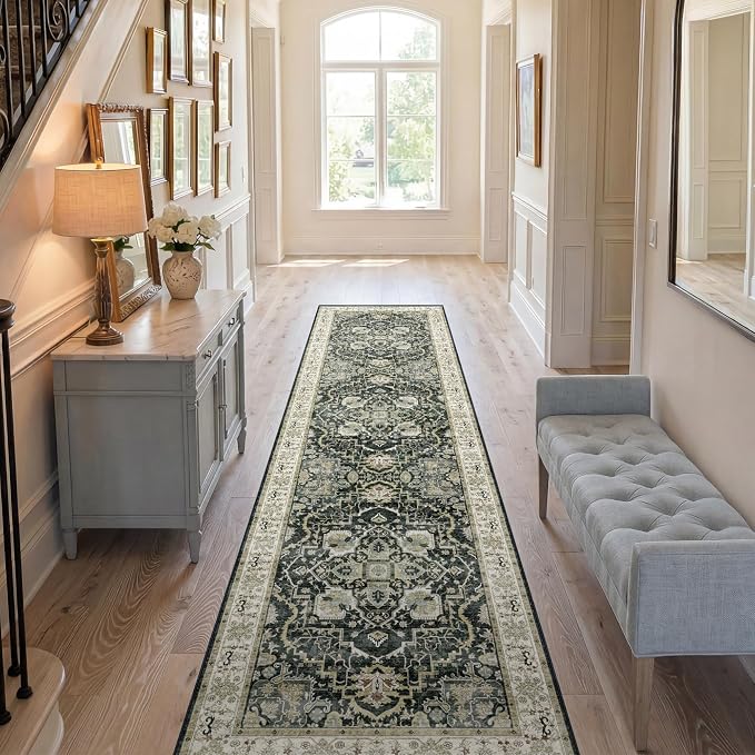 3x10 Non Slip Hallway Runner Rug - Washable Vintage Distressed Kitchen Carpet, Ultra-Thin Soft Low Pile Entryway Mat with Rubber Backing for Bedroom Living Room (Black)