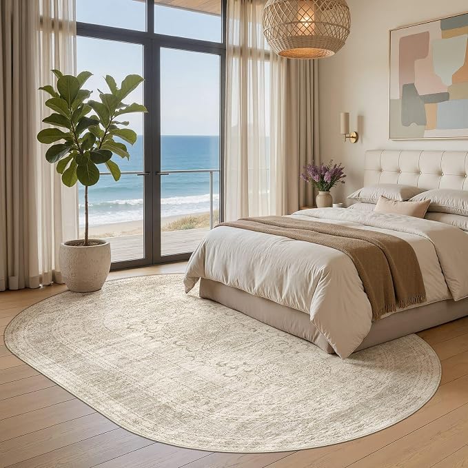 Nakagishi Oval Rugs for Bedroom: Machine Washable Area Rug 6x9, Non-Slip Carpet for Living Room, Playroom, Nursery, Ding Room, Boho Rug Low Pile Non-Slip & Stain Resistant