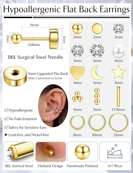 LOLIAS Small Hypoallergenic Flat Back Stud Earrings for Women Men 14K Gold Plated Surgical Stainless Steel Earring Sets Tiny Screw Back Cartilage Earrings for Sensitive Ears