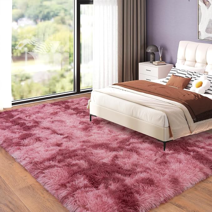 Dssimo 6x9 Area Rugs for Living Room, Pink Tie-Dyed Plush Fluffy Carpet | Upgrade Non-Slip Thick Large Rose Shag Rugs for Nursery Kids Room Dorm Room Home Decor, Indoor Plush Floor Carpet