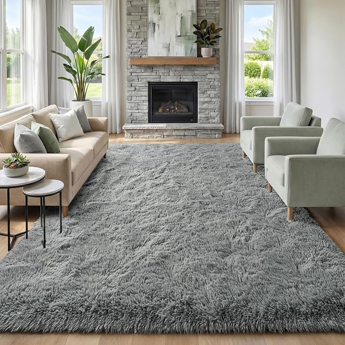 Fluffy Rugs for Living Room: Grey Soft Shag Rug for Bedroom, Large Fuzzy Plush Indoor Floor Carpet Non Slip Modern Rug for Nursery Boys Girls Kids Room Playroom Dorms Home Decor, 9x11 Feet