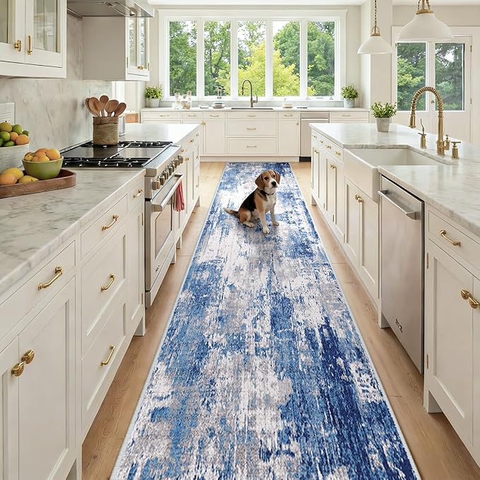 RELEANY Washable Area Rugs 2'6"x12 Non-Slip Modern Abstract Soft for Living Room Entryway Bedroom Kitchen, Print Pattern, Blue Grey Navy Gray