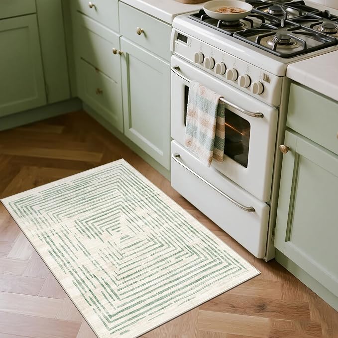 BLISSA 2x3 Small Entryway Rug - Modern Door Mat Non-Slip Ultra-Thin Soft Sage Green Lines Borderd Abstract Front Door Rug Indoor Entrance Striped Throw Rugs for Bedroom Bathroom Kitchen Home Decor