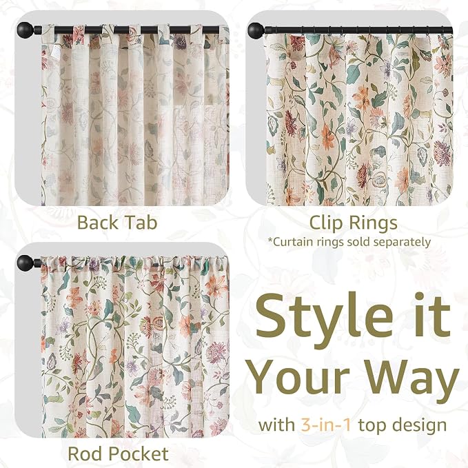 jinchan Beige Floral Linen Curtains 108 Inch Vintage Back Tab 2 Panels | Farmhouse, cottage core, light filtering, semi sheer, privacy, living room, bedroom, flower, rod pocket, window treatment