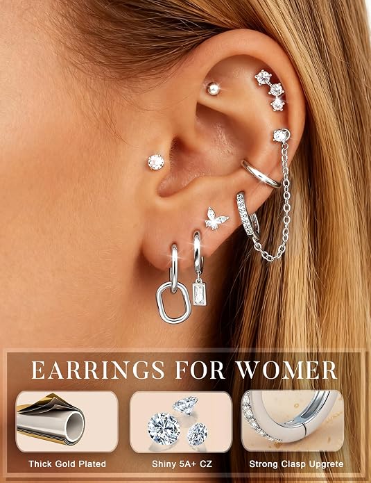 Small 14K Gold Plated Huggie Hoop Earrings for Women Lightweight Double Piercing Chain Earrings Dainty Stud Earrings Hypoallergenic 14K Gold Plated Hoop Earrings Set