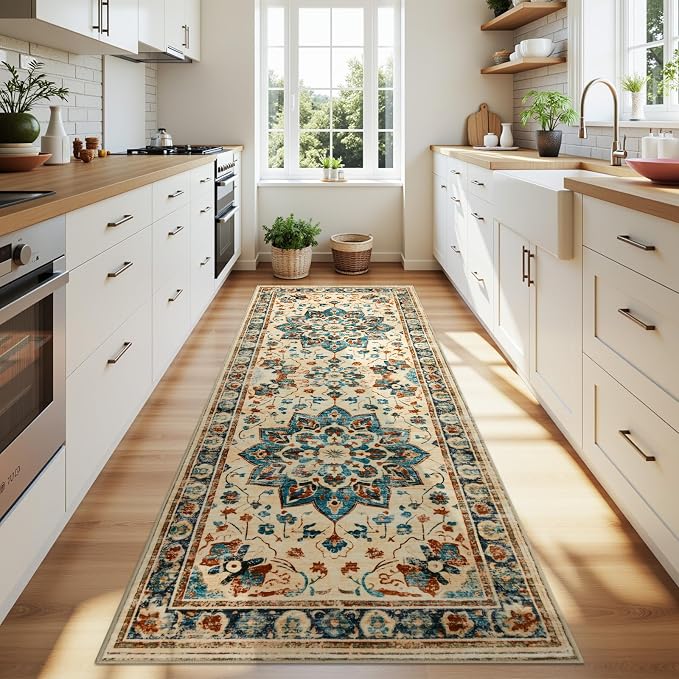 Joydeco Washable 2x6 Hallway Runner Vintage, Beige & Blue & Reddish-Brown | Water Resistant Low Pile Non Slip Backing for Kitchen Entryway Bedroom Bathroom Dining Room