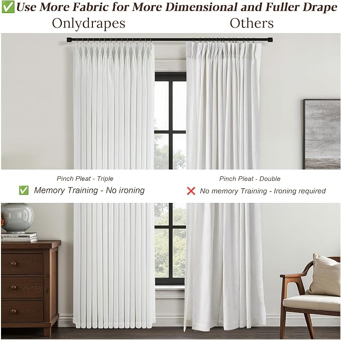 108 Inch Long White Pinch Pleated Linen Curtains 2 Panels Set for Living Room Bedroom Pinch Pleat Curtains Ivory Cream Semi Sheer Light Filtering Privacy Curtain 108 Inch Length for Sliding Door