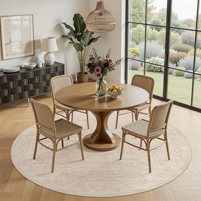 8ft Round Rug Living Room: Washable Large Vintage Neutral Area Rug Non-Slip Soft Stain Resistant Indoor Carpet for Bedroom Nursery Dining Room Under Table Bed Home House Office Playroom - Beige