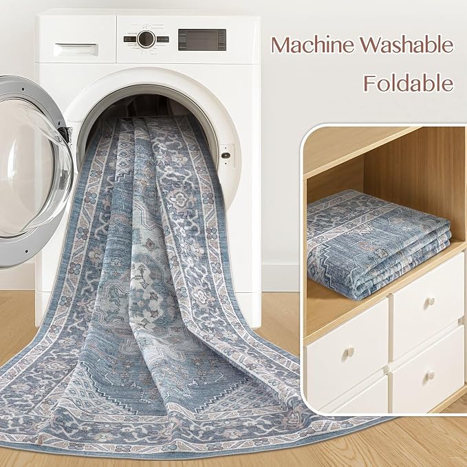 Tortania Area Rug Living Room Rugs - 6x9 Washable Boho Rug Vintage Oriental Distressed Farmhouse Large Thin Indoor Carpet for Living Room Bedroom Under Dining Table Home Office - Blue
