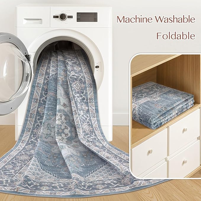 Tortania Area Rug Living Room Rugs - 3x5 Washable Rug Vintage Oriental Distressed Farmhouse Small Thin Indoor Carpet for Living Room Bedroom Under Dining Table Home Office - Blue