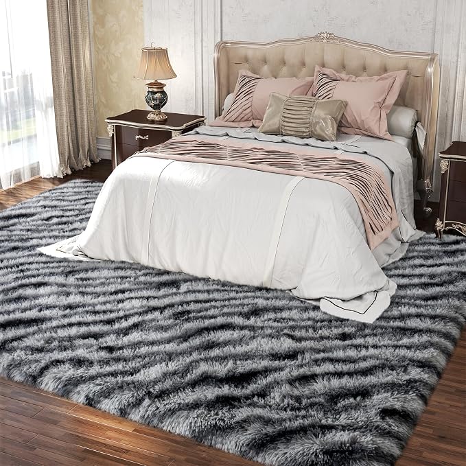 Dssimo Zebra Area Rug for Living Room, 6x9 Fluffy Large Rugs for Bedroom | Shaggy Fuzzy Upgrade Non-Slip Zebra Print Rug for Nursery Kids Room Dorm Room Home Decor, Indoor Plush Floor Carpet