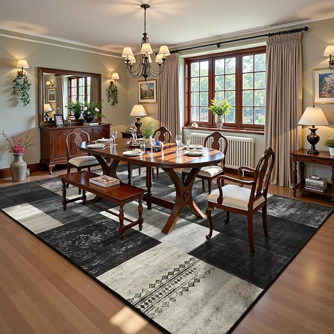 DweIke Washable Area Rugs 6x9 for Living Room, Large Modern Geometric Black White Soft Patchwork Carpet, Non-Slip Stain Resistant Throw Rug for Bedroom Dining Room Office Home Decor