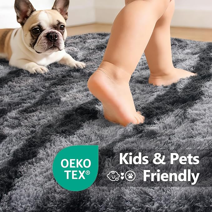 9x12 Extra Large Area Rugs for Living Room, Shaggy Non-Slip Tie-Dyed Rugs for Bedroom Kids Playroom Dorm Room, High Pile Ultra Soft Carpet, Black