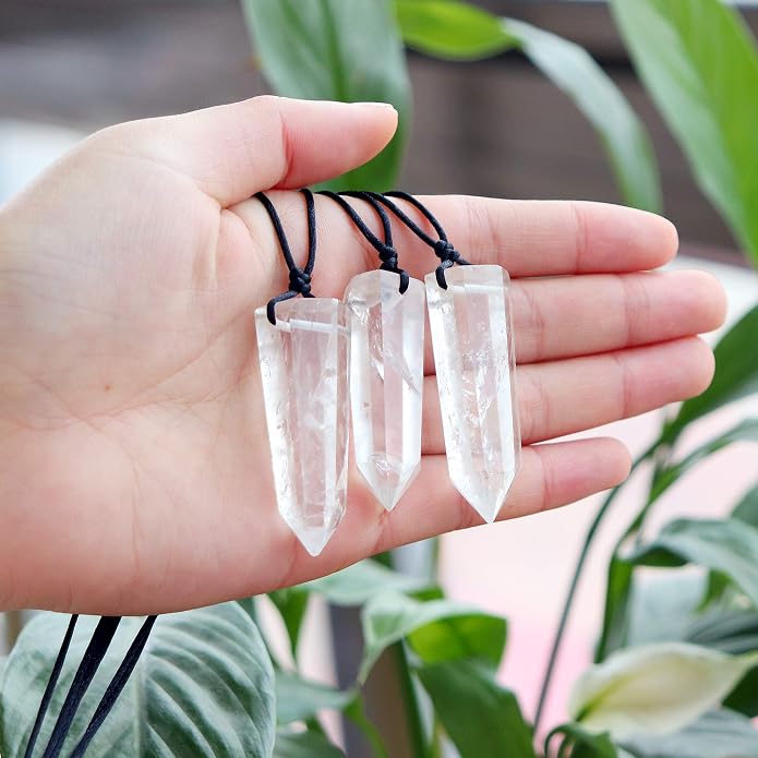 Runyangshi Healing Crystal Pendants, Single Pointed Natural Crystal Quartz Necklace 6 Faceted Chakra Crystal Wand Stone Reiki Energy