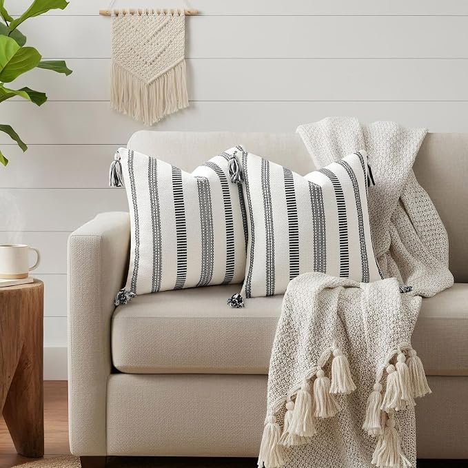 Smile Bee Boho Outdoor Couch Throw Pillow Covers Set of 2, Decorative Lumbar Thick Woven Striped Accent Neutral Pillow Covers with Tassels for Bed Sofa Home Decor, 12x20 Inch, Black and Cream White | Woven Cozy Boho Decorative Modern Farmhouse Accent P...