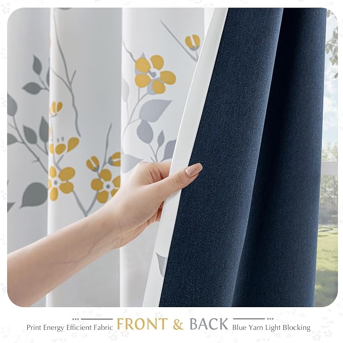 Beauoop Floral 100% Blackout Curtains Bedroom Yellow Grey 52X90 2 Panels | Flower Patterned Yellow White Room Darkening Drapes for Living Room Thermal Soundproof Window treatment Rod Pocket