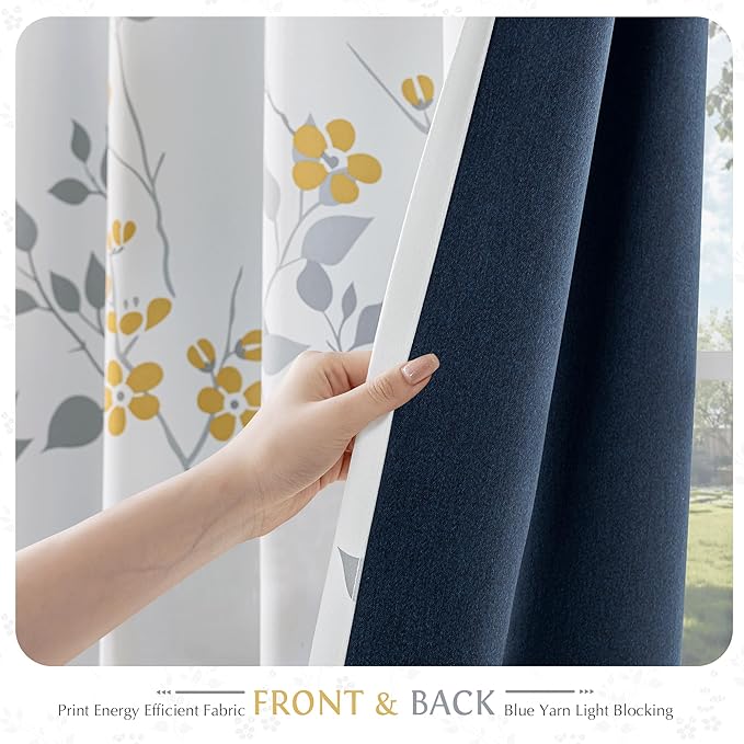 Beauoop Floral 100% Blackout Curtains Bedroom Yellow Grey 52X54 2 Panels | Flower Patterned Yellow White Room Darkening Drapes for Living Room Thermal Insulated Soundproof Window treatment Grommet