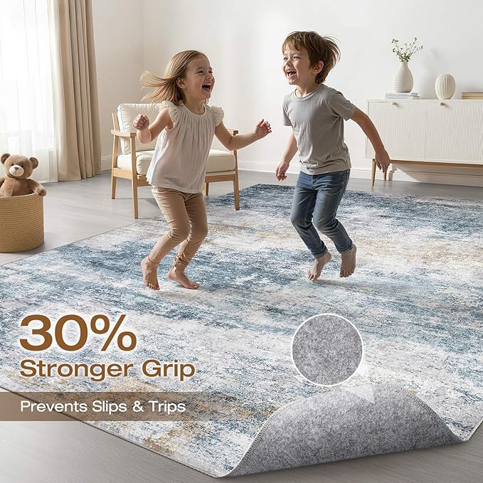 5x8 Area Rug Living Room: Washable Large Neutral Rug Abstract Soft Modern Stain Resistant Indoor Floor Non-Slip Carpet for Bedroom Nursery Kids Office Playroom Dining Room Under Table- Blue Gold