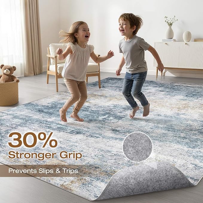 7x10 Area Rug Living Room: Washable Large Neutral Rugs Abstract Soft Modern Stain Resistant Indoor Floor Non-Slip Carpet for Bedroom Nursery Kids Office Playroom Dining Room Under Table- Blue Gold