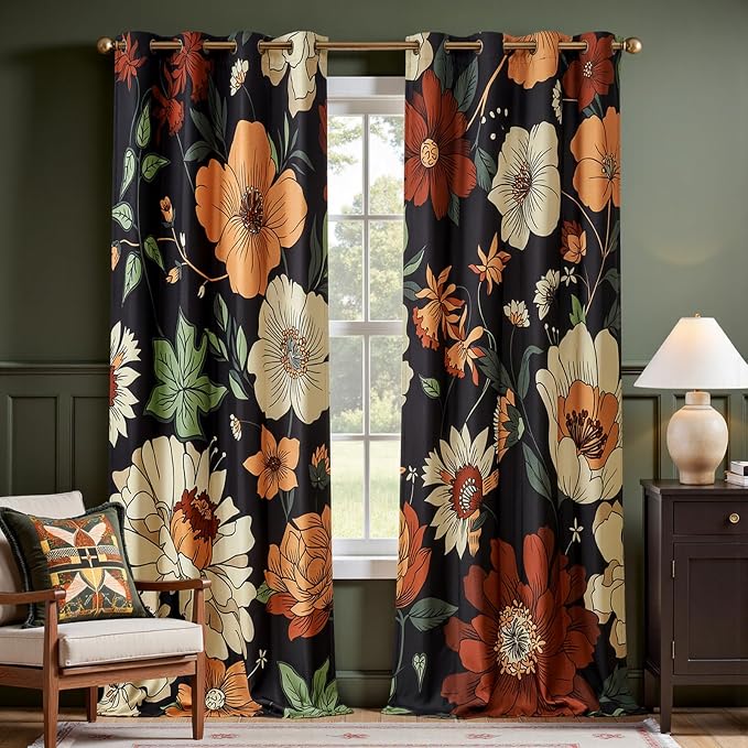 jinchan Black Boho Floral Blackout Curtains 108 Inch Grommet 2 Panels | Room darkening, Vintage, living room, bedroom, privacy, floral print, flower pattern, fall decor, window treatments