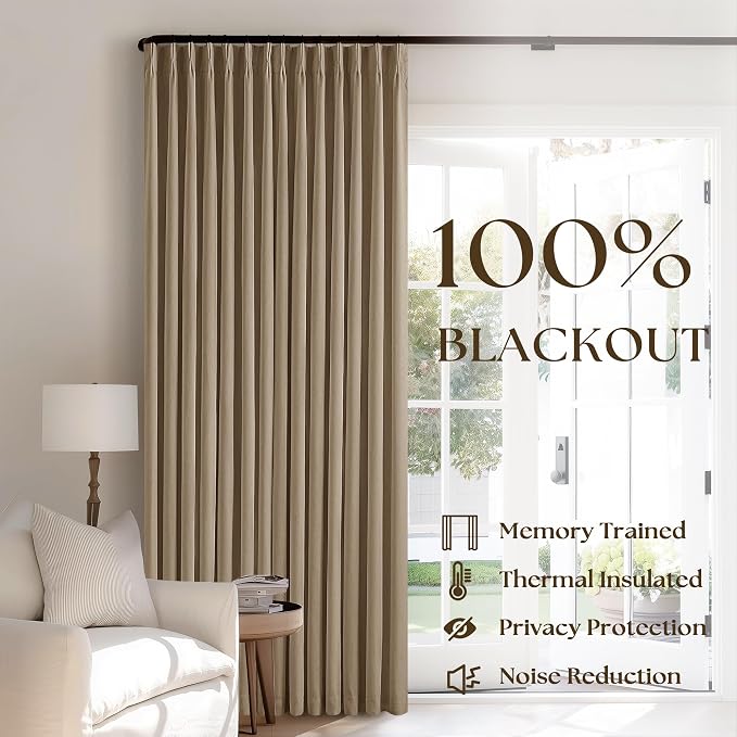 Light Brown Linen Blackout 120 Inch Curtains for Living Room 2 Panels Set | Pinch Pleated Back Tab Drapes, Thermal Insulated Full Black Out, Noise Reducing, W40xL120 Curtains for High Ceiling to Floor