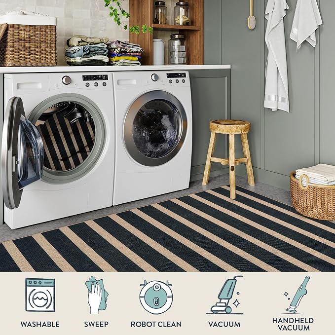 Lahome Striped Easy Jute 6x9 Area Rugs, Outdoor Patio Rug Washable Black | Porch Living Room Rug, Modern Farmhouse Neutral Non Slip Stain Resistance Indoor Carpet for Office Deck Classroom Dining Room