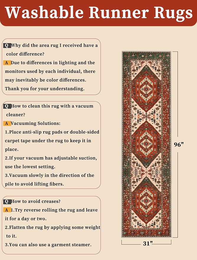 SERISSA Runner Rug for Hallways, 2'6"x8' Washable Non Slip Kitchen Runner Rug, Long Boho Rug Vintage Terracotta Green Hallway Stair Ultra Soft Print Floor Carpet for Bedroom Bathroom Laundry Room